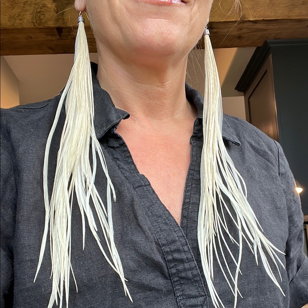 Long Cream Tassel Pheasant Feather Earrings 13” Burning Man Cosplay Festival